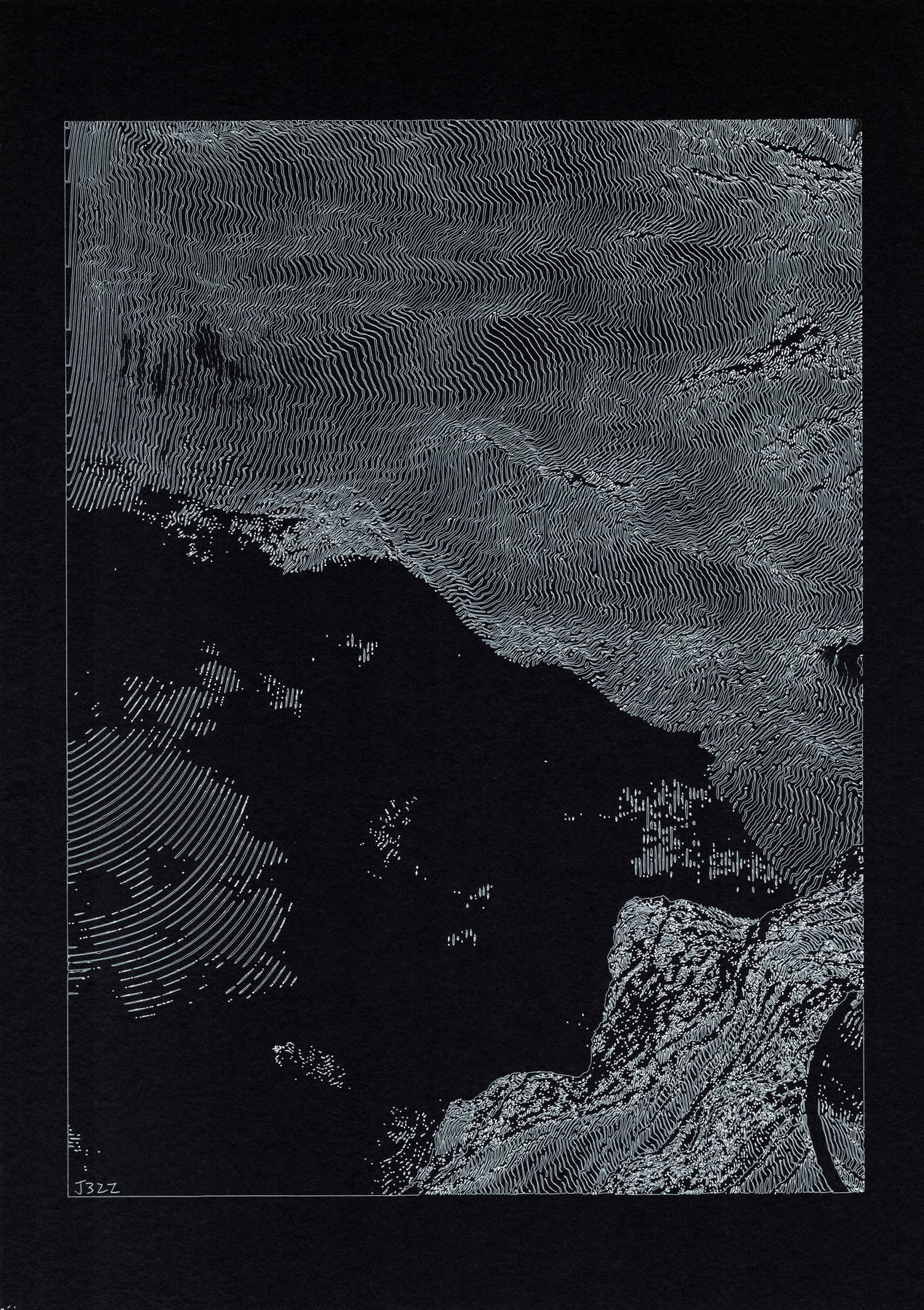 Layered Collapse — Ink on paper, 29.7 × 42 cm, 2026