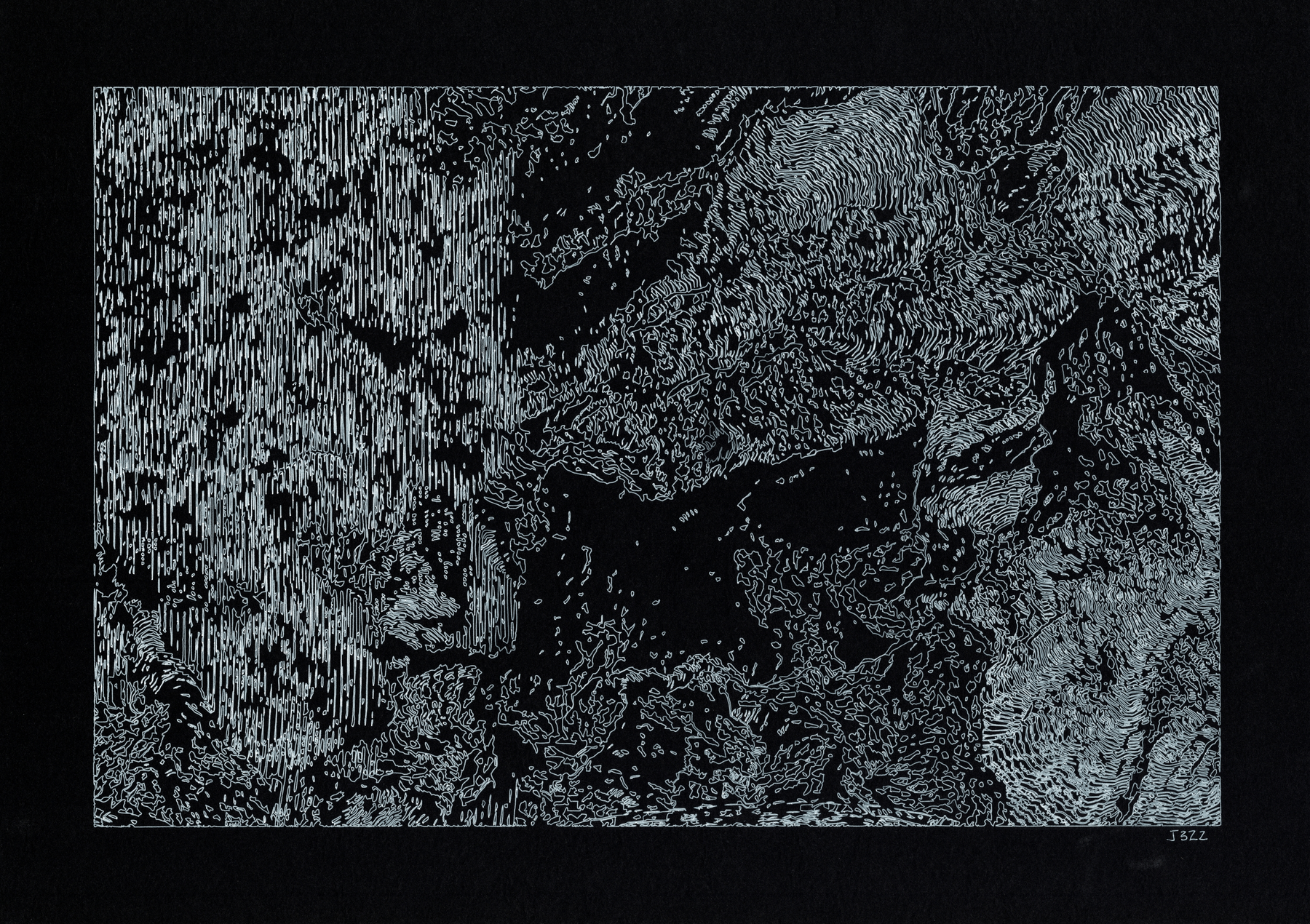 Fossilized Echo — Ink on paper, 42 × 29.7 cm, 2026